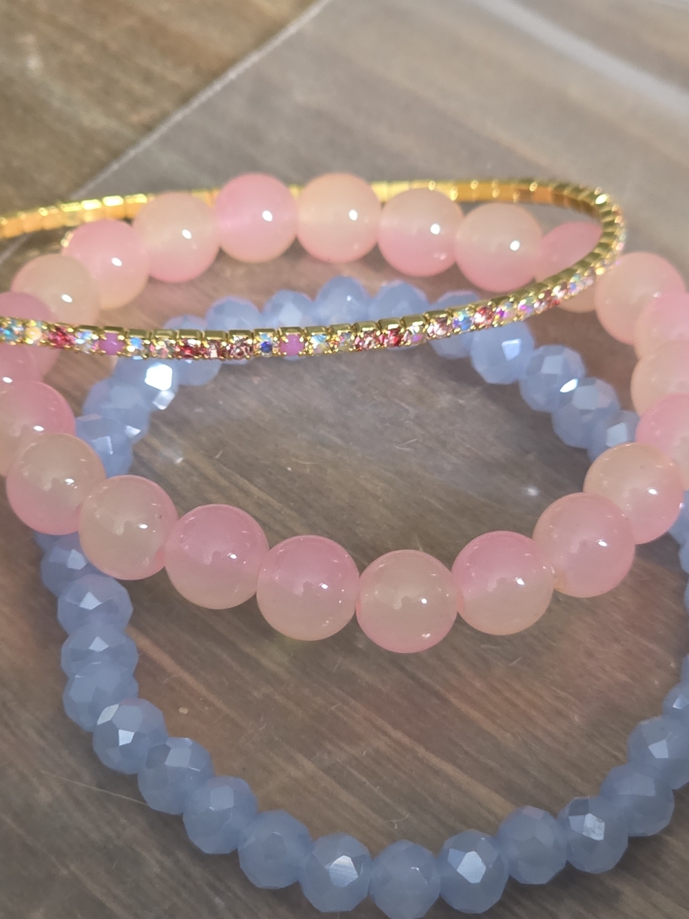 Delicate Pink and Light Blue Beaded Bracelet Set - Gold Accent